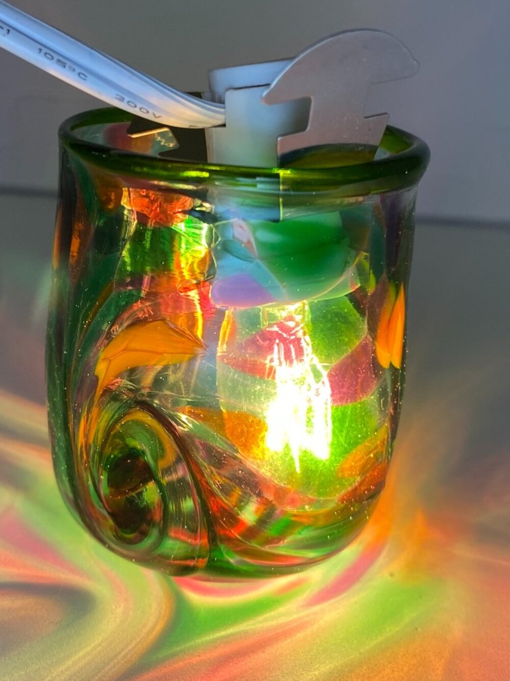 SIGNED Hand Blown Studio Art Glass Votive Candle Holder Green Pink Swirl 2⅜"
